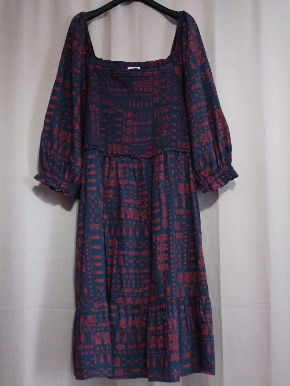 Pioneer Woman Smocked Bodice Midi Dress Pockets Puff Sleeve Navy Red Floral 3X